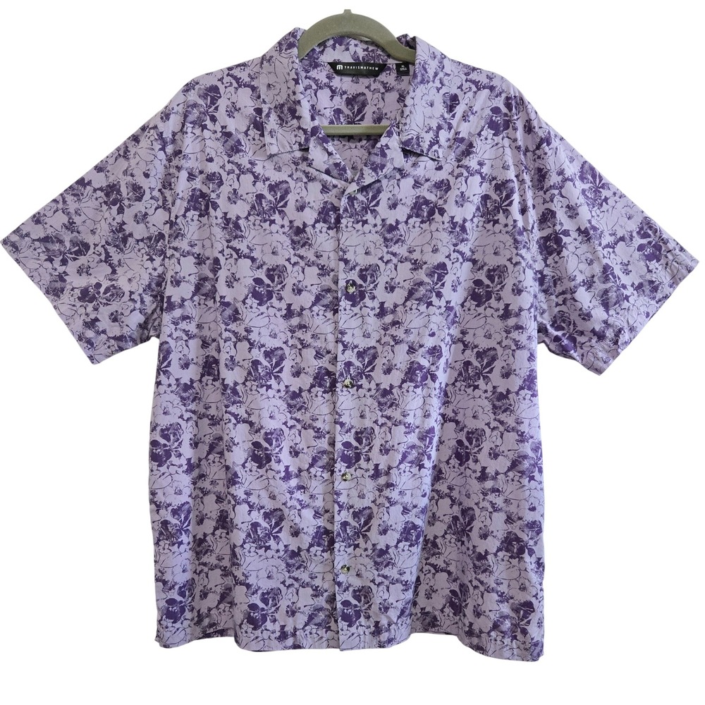 TravisMathew Mens XL Purple Floral Short Sleeve Button Up Camp Shirt Lyocell
